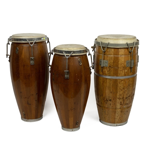 417 - Three vintage Cuban style 'Conga' or 'Tumbadora' drums, 20th century made with wooden staves in trad... 