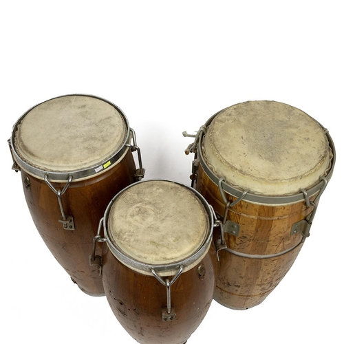 417 - Three vintage Cuban style 'Conga' or 'Tumbadora' drums, 20th century made with wooden staves in trad... 