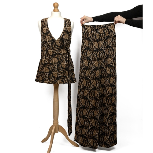 464 - Biba two-piece (trousers and top) black brown tapestry, the top with wrap around belt.