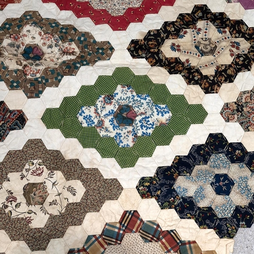 471 - 19th century patchwork quilt section, c1870s-1890s, of hexagonal form, 229cm x 124cm wide, along wit... 