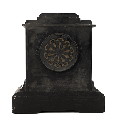 496 - Victorian slate and marble cased two train, eight day mantle clock, chiming the hours and half hour ... 