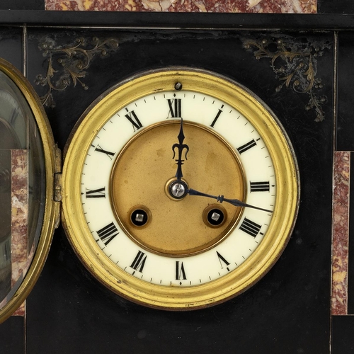 496 - Victorian slate and marble cased two train, eight day mantle clock, chiming the hours and half hour ... 