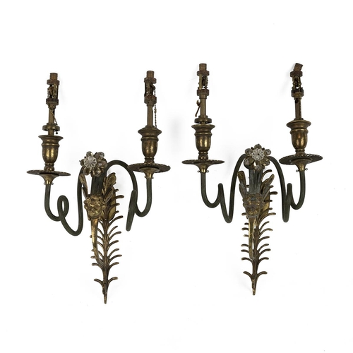 505 - A pair of antique style brass two branch wall lamp sconces with pull chains and pierced drip pans, d... 