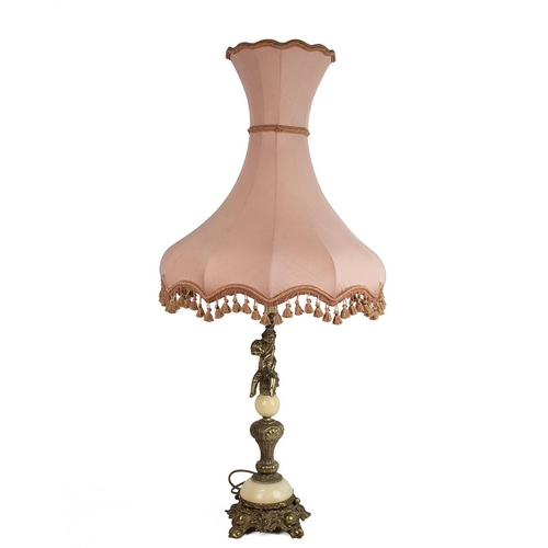 507 - Tall onyx and gilt brass table lamp with a cherub to the column with a bell shaped pink tassled shad... 