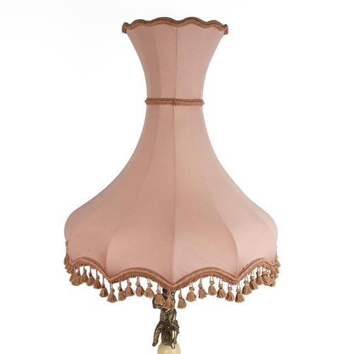 507 - Tall onyx and gilt brass table lamp with a cherub to the column with a bell shaped pink tassled shad... 