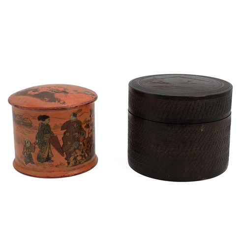 510 - Two Chinese circular lidded boxes one with carved decoration enclosing ten carved circular coasters ... 