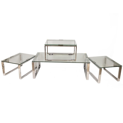 514 - Four 1980's chrome and glass topped coffee side tables all with chrome open rectangular boxed end su... 