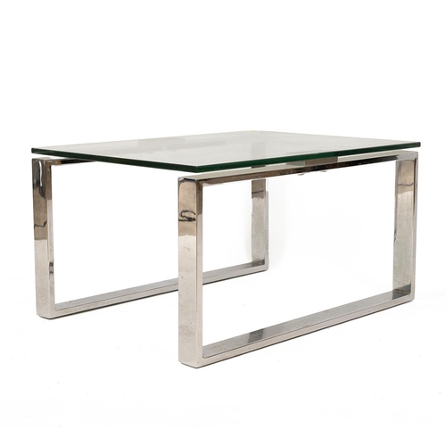 514 - Four 1980's chrome and glass topped coffee side tables all with chrome open rectangular boxed end su... 