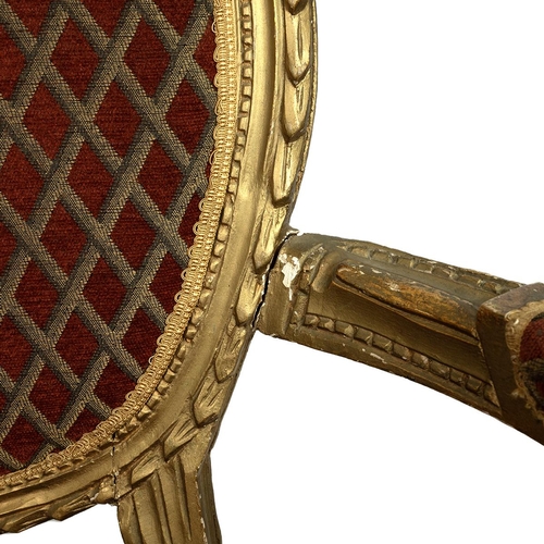 517 - Pair of French style gilt framed armchairs with oval padded back rest and over stuffed seats, the cu... 