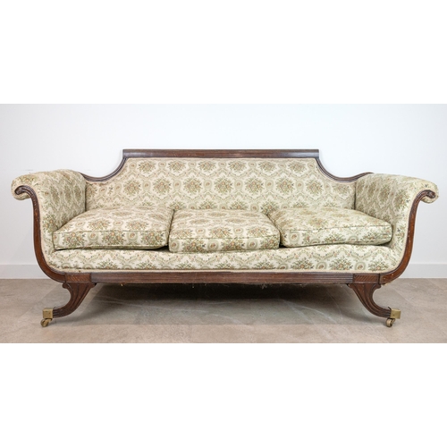 526 - 19th-century mahogany framed sofa, with scroll arms, a reeded and shaped back, 86cm high, 206cm long... 