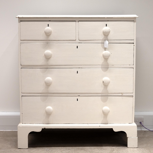 528 - Painted oak chest of drawers, late 19th Century. 2 over 3 drawers, on bun feet. W 95cm, D 47cm, H 10... 