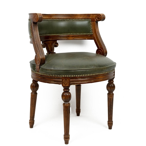 537 - Leather Georgian revival desk tub chair. Carved frame with green leather seat and back. W 52cm, D 49... 