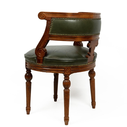 537 - Leather Georgian revival desk tub chair. Carved frame with green leather seat and back. W 52cm, D 49... 