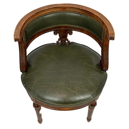 537 - Leather Georgian revival desk tub chair. Carved frame with green leather seat and back. W 52cm, D 49... 