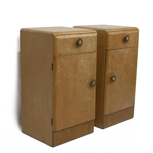 541 - Pair of Art Deco burr maple bedside cabinets. Upper drawer and cupboard underneath with fixed shelf.... 