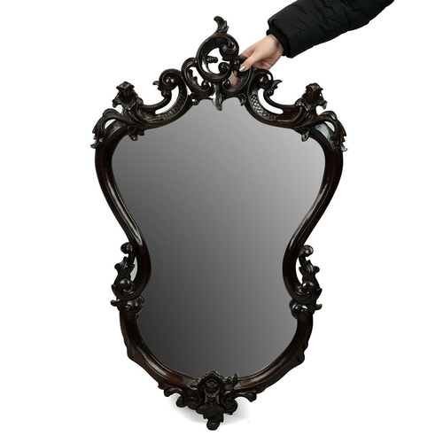 543 - Vintage carved frame mirror. Rocco style, stained hardwood, W 64cm, H 104cm.