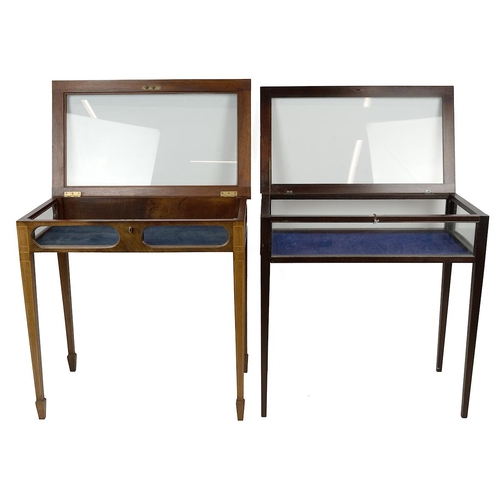 544 - 2 x Bijouterie display cabinets. One Walnut with boxwood string inlay, glass to top and sides, locki... 