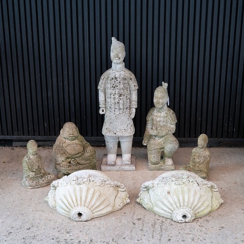 547 - Collection of reconstituted garden items to include three Buddhas, two samurai and a pair of wall pl... 