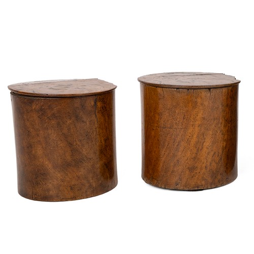 241 - Pair Georgian cylindrical burr walnut tea caddies. Hinged lids, each diameter 13cm, height 13cm. (2)