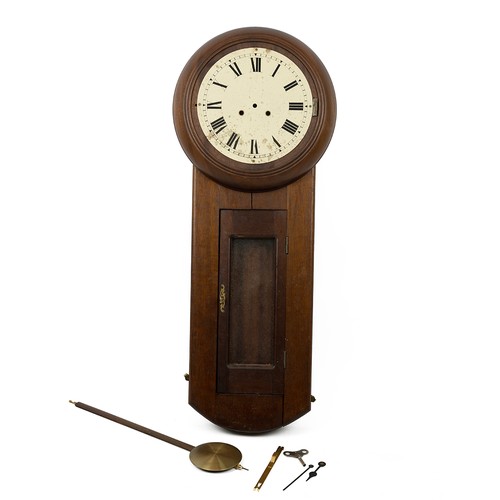 502 - Mahogany cased wall clock, with a white dial and Roman numerals and with a pendulum.