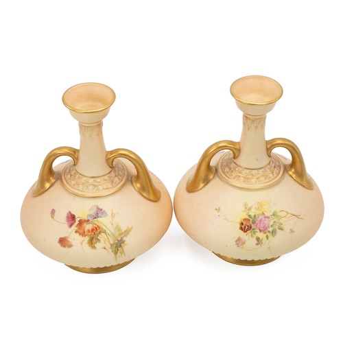 182 - Raby for Royal Worcester - pair of early 20th century blush ivory vases hand decorated with spring f... 
