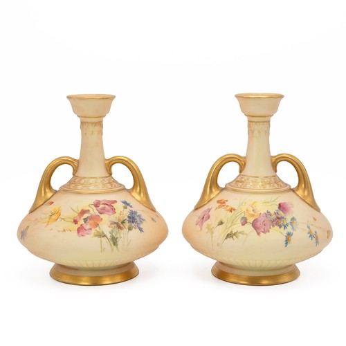 182 - Raby for Royal Worcester - pair of early 20th century blush ivory vases hand decorated with spring f... 