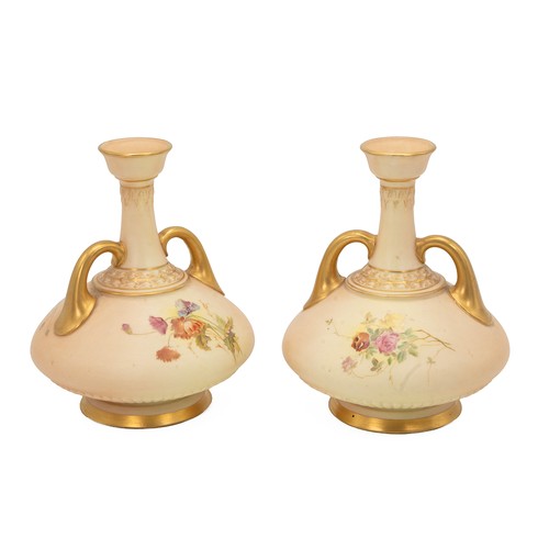 182 - Raby for Royal Worcester - pair of early 20th century blush ivory vases hand decorated with spring f... 