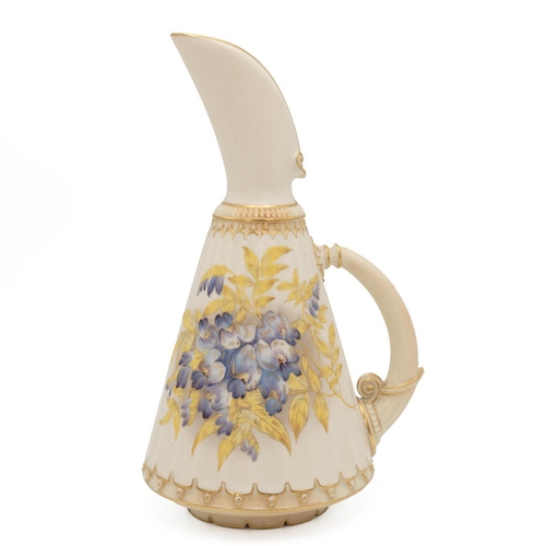 183 - Royal Worcester early 20th century blush ivory ewer hand painted with wisteria and parcel gilt, unsi... 
