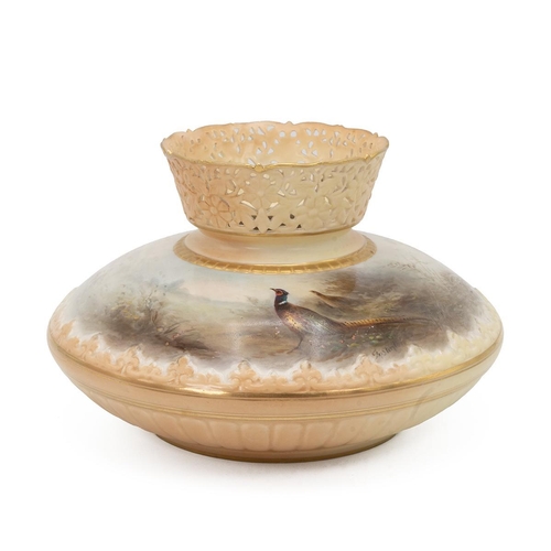 184 - James Stinton for Royal Worcester c1908 vase, of circular waisted form with pierced reticulated neck... 