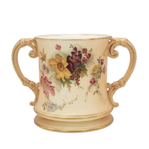 185 - Royal Worcester loving cup, hand painted in the manner of Edward Raby - wild flowers and parcel gilt... 