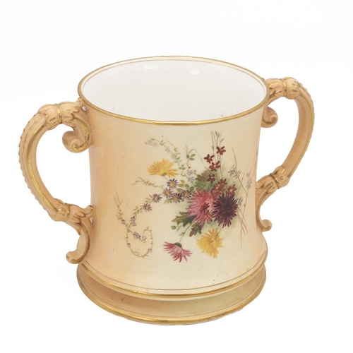 185 - Royal Worcester loving cup, hand painted in the manner of Edward Raby - wild flowers and parcel gilt... 