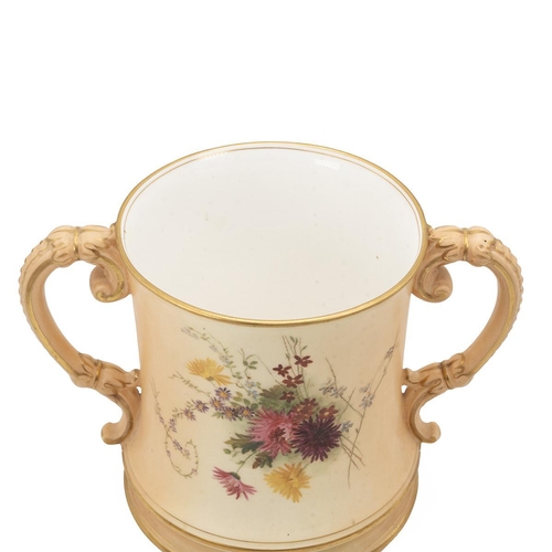 185 - Royal Worcester loving cup, hand painted in the manner of Edward Raby - wild flowers and parcel gilt... 