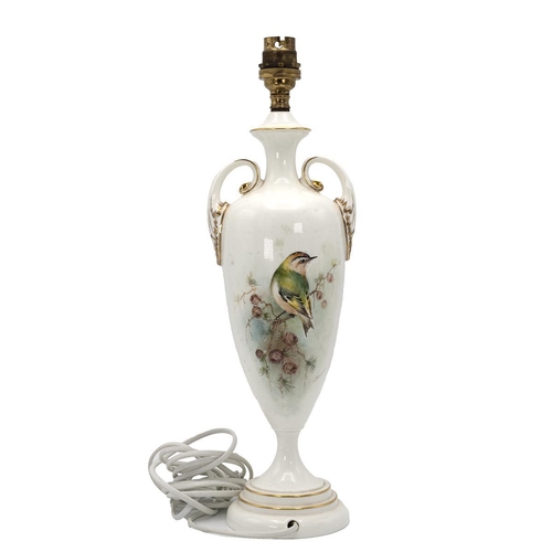 186 - E.Townsend for Royal Worcester a trophy form lamp, c1958, hand painted with a Bullfinch and a Goldcr... 