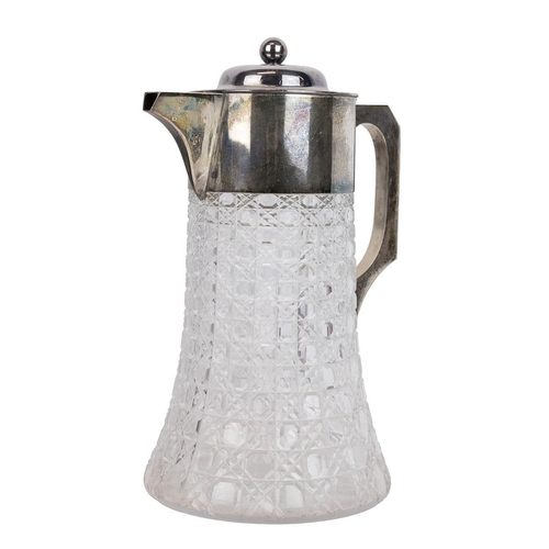 197 - Mappin & Webb Hobnail pattern cut glass lemonade jug with silver plated mount, hinged lid and re... 