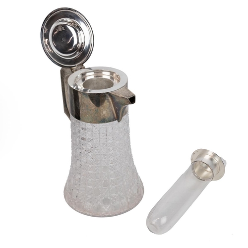 197 - Mappin & Webb Hobnail pattern cut glass lemonade jug with silver plated mount, hinged lid and re... 