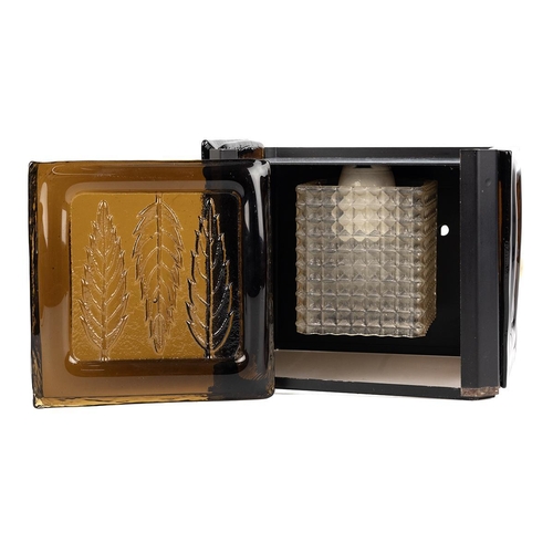 201 - Kosta Boda, Erik Hoglund, Mid Century hanging pendant light, set with three amber panels to a black ... 