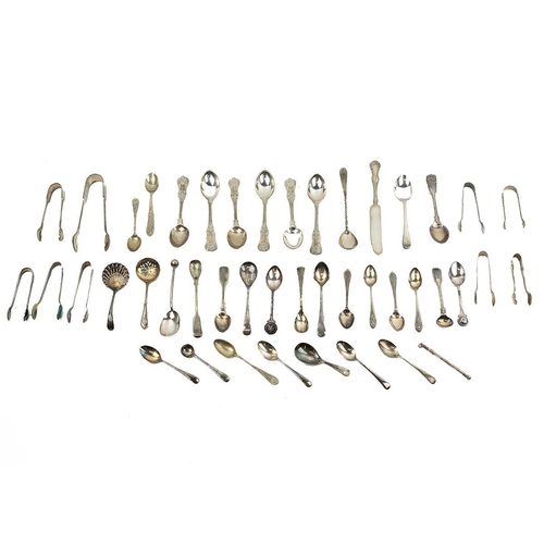 204 - Six silver teaspoons hallmarked London 1899 and two sugar nips including a pair of Norwegian enamell... 