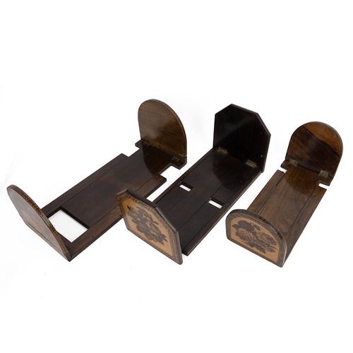 206 - Three Tunbridge ware adjustable book slides. Depicting sprays of flowers, tumbling blocks and ruins ... 