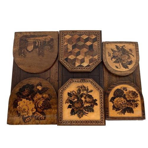 206 - Three Tunbridge ware adjustable book slides. Depicting sprays of flowers, tumbling blocks and ruins ... 