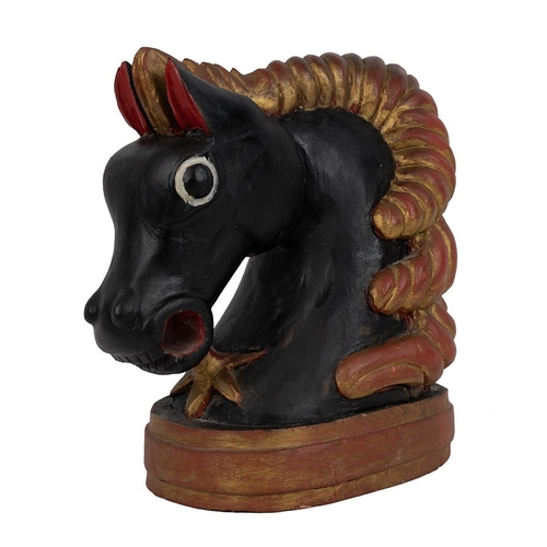 208 - Carved wood polychrome horse head. Black and red with gilt highlights. H 38cm, W 20cm, D 34cm.