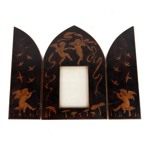 210 - Antique Italian Sorrento ware photograph frame, c1900. Ink and penwork design with laurel crown to f... 