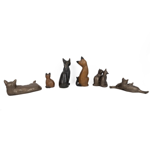 211 - Paul Jenkins for Frith Sculptures - three resin cast cat figurines, together with two carved wood ca... 
