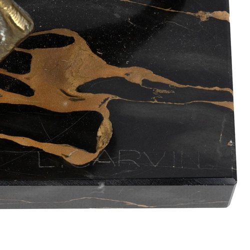 213 - Art Deco gilt metal figural group of a stag and doe, c1930s, signed 'L.Carvin'. Mounted on black mar... 