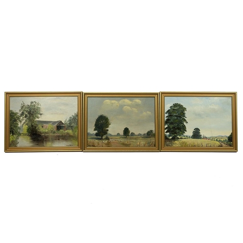220 - Joyce Brewer, three oil on board landscapes, later 20th Century. barn and pond; fields and sheep; fi... 