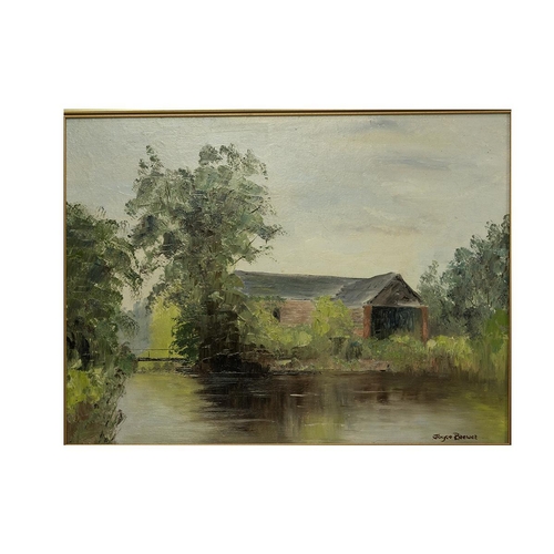 220 - Joyce Brewer, three oil on board landscapes, later 20th Century. barn and pond; fields and sheep; fi... 
