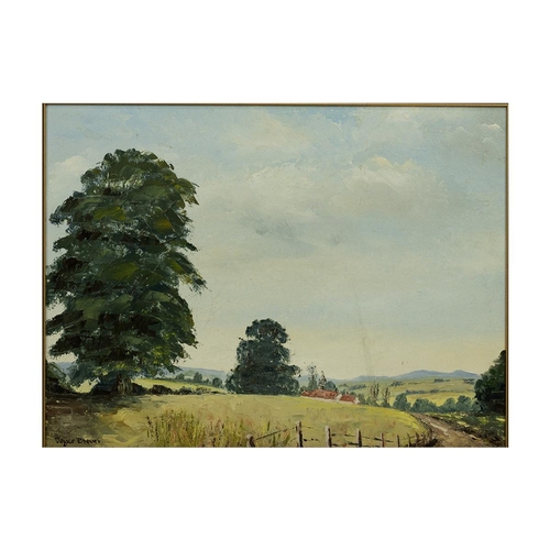 220 - Joyce Brewer, three oil on board landscapes, later 20th Century. barn and pond; fields and sheep; fi... 