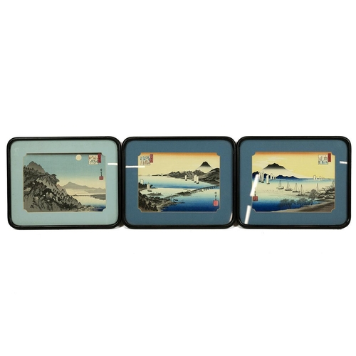 225 - Group of vintage Japanese framed woodblock prints to include: Hiroshige Ando (1797-1858), 3x views o... 
