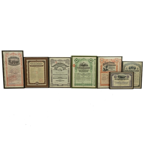 226 - A Group of seven framed share certificates: Brazil Railway Co, 1948; New Orleans Great Northern Rail... 