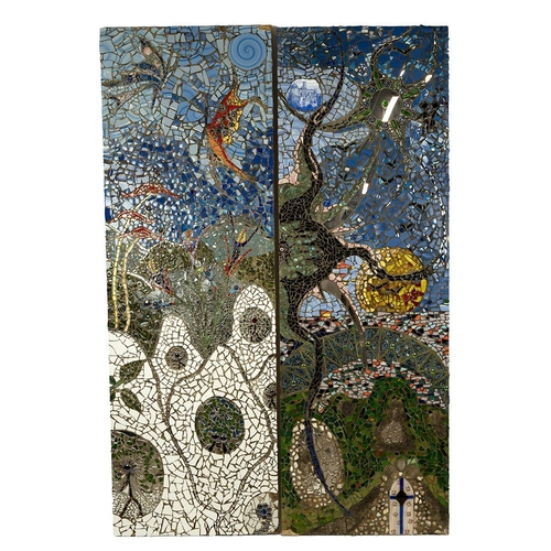 231 - Two Architectural designer mosaic panels constructed from porcelain and glass with futuristic/abstra... 