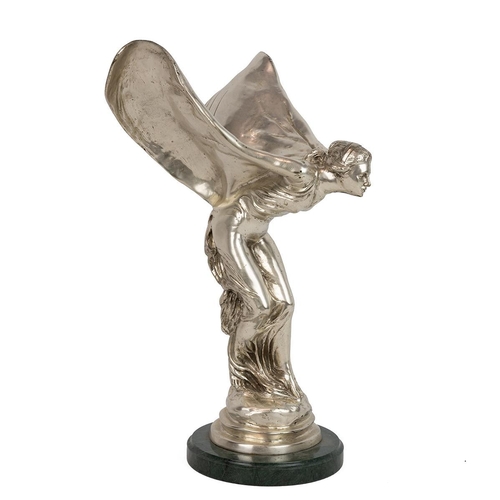 232 - Large silver-plated 'Spirit of Ecstasy' statue on marble socle, H 38cm, W 21cm.